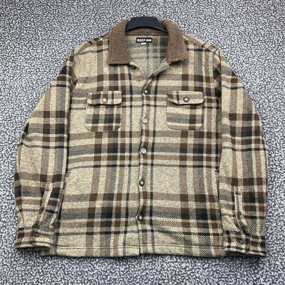 Reef Shirt Jacket Men XL Brown Plaid Sherpa Collar Shacket Button Front
